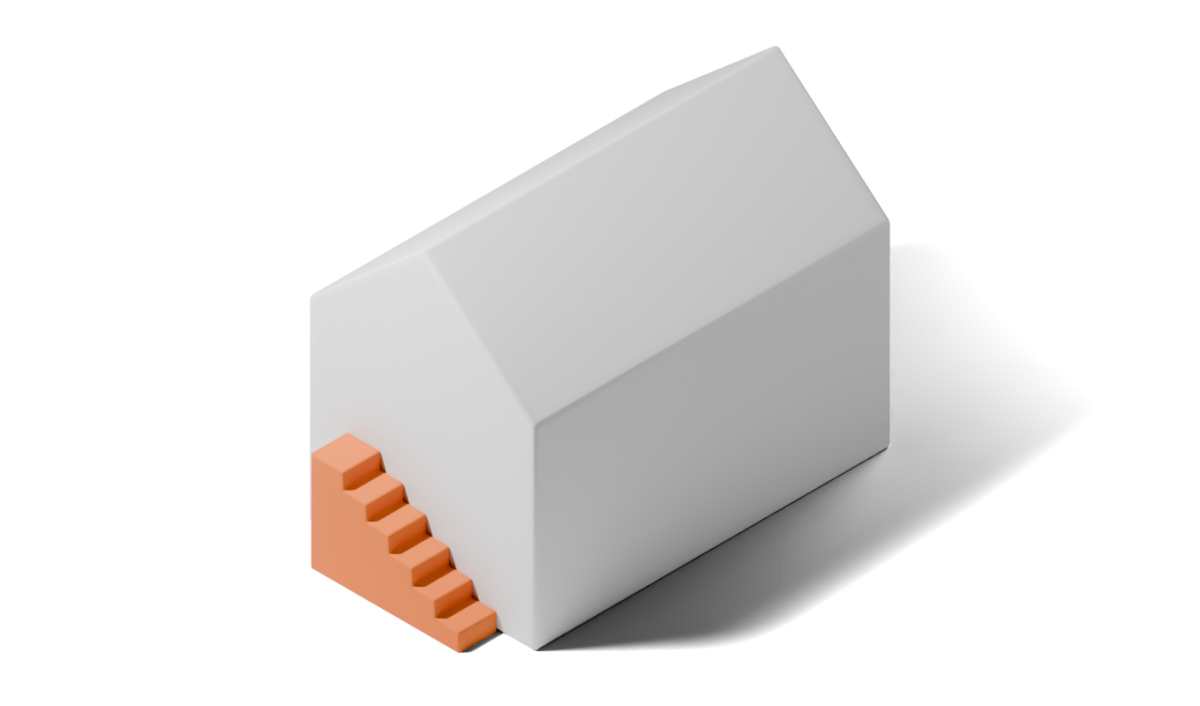 Illustration eines weißen Hauses mit Satteldach, an dessen Giebelseite eine orangefarbene Außentreppe angebaut ist.