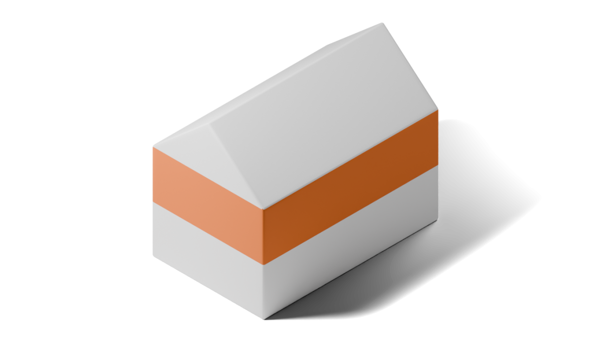 Illustration eines Einfamilienhauses, bei dem ein zusätzliches orangefarbenes Stockwerk zwischen das weiße Erdgeschoss und das weiße Satteldach eingefügt ist.